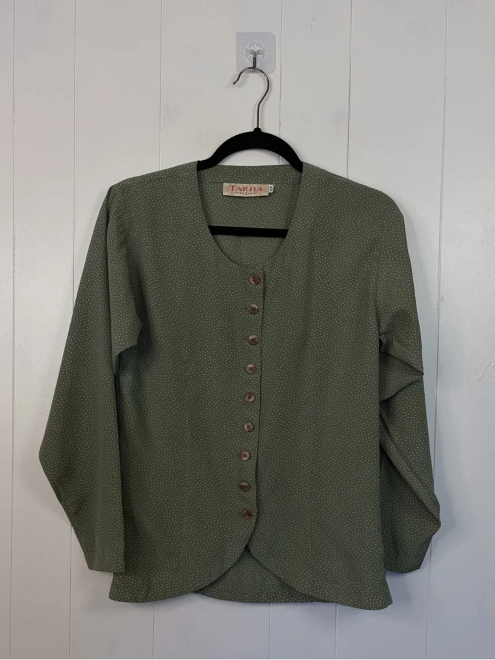Vintage 90s Olive Green Polka Dot Blouse Office Minimalist Button Top size Small - Picture 4 of 13